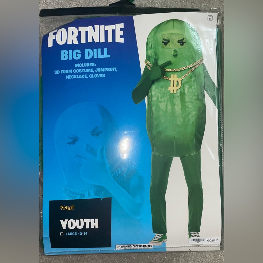 Fortnight Green Pickle Costume with Gold Necklace youth 12-14 - Picture 2 of 3